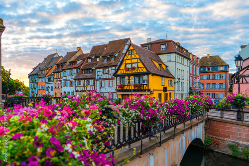 Spectacular colorful traditional french houses on the side of river Lauch in Petite Venise,Colmar,France.