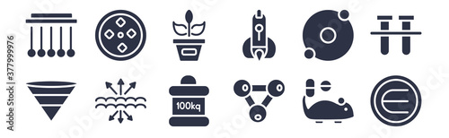 12 pack of black filled icons. glyph icons such as is an element of, chemical diagram, archimedes principle, photon, ballistic, plant sample, parasites for web and mobile apps, logo