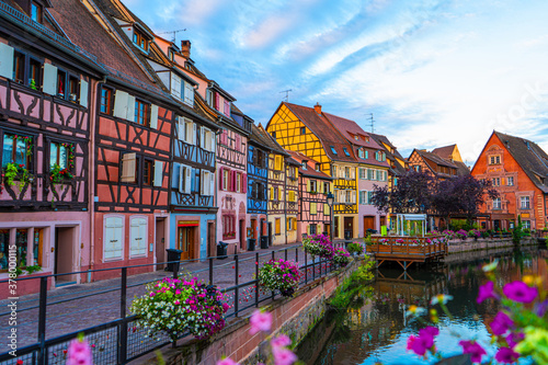 Spectacular colorful traditional french houses on the side of river Lauch in Petite Venise,Colmar,France.