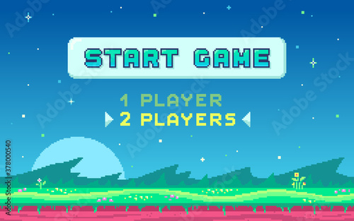 Pixel art design with outdoor landscape background.