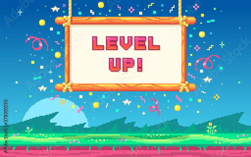 Pixel art design with outdoor landscape background.