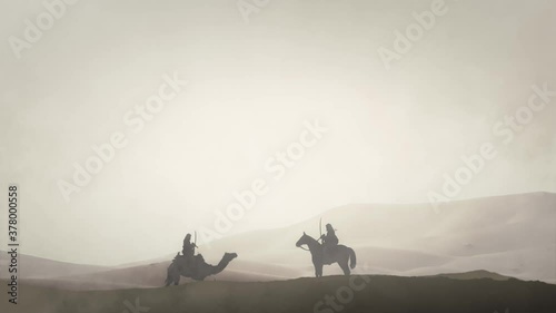 Arabian Warriors in an Arabian Desert Riding Camel and Horse