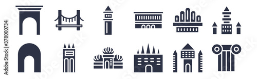 12 pack of black filled icons. glyph icons such as greek column, spain, philippines, church of the holy family, lonja of zaragoza, galata tower in istanbul, vincent thomas bridge for web and mobile photo