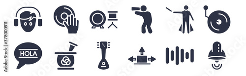 12 pack of black filled icons. glyph icons such as retro school bell, friction, tibetan, orchestra director, pied piper of hamelin, drummer set, dj hand motion for web and mobile apps, logo
