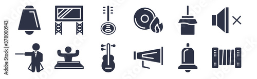 12 pack of black filled icons. glyph icons such as accordionist, vintage loudspeaker, party dj, zambomba, cd burn, yueqin, big screen for web and mobile apps, logo