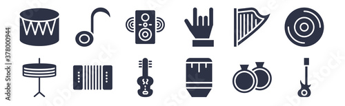 12 pack of black filled icons. glyph icons such as bass guitar, bongo, accordion, harp, heavy metal, sound system, melody for web and mobile apps, logo