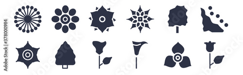 12 pack of black filled icons. glyph icons such as bell, calla, cedar, cypress, daffodil, dahlia, daisy for web and mobile apps, logo