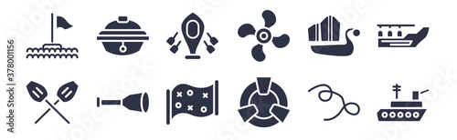 12 pack of black filled icons. glyph icons such as frigate, life preserver, nautical monocular, old galleon, propeller, rubber raft, sailor cap for web and mobile apps, logo