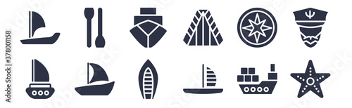 12 pack of black filled icons. glyph icons such as starfish with dots, windsurf board, watercraft, azimuth compass, afterdeck, ballast, seaworthy for web and mobile apps, logo