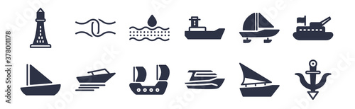 12 pack of black filled icons. glyph icons such as marine, motorboat, speedboat, iceboat, scow, salt water, rope tied for web and mobile apps, logo