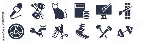 Wallpaper Mural 12 pack of black filled icons. glyph icons such as body building, runner, plumber, graphic de, accountant, ailurophile, knitting for web and mobile apps, logo Torontodigital.ca