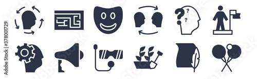 12 pack of black filled icons. glyph icons such as tennis player, gardener, announcer, doubt, empathy, emotions, maze for web and mobile apps, logo