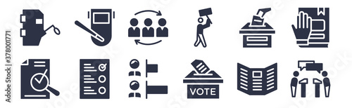 12 pack of black filled icons. glyph icons such as debate, voting, vote, ballot, protest, merging, nightstick for web and mobile apps, logo
