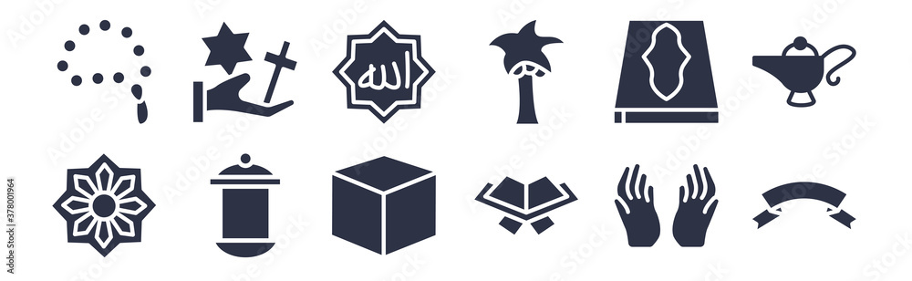 12 pack of black filled icons. glyph icons such as halal, reading quran, islamic lantern, holy quran, palm tree with date, allah word, faith for web and mobile apps, logo 12 pack of black filled icons. glyph icons such as halal, reading quran, islamic lantern, holy quran, palm tree with date, allah word, faith for web and mobile apps, logo