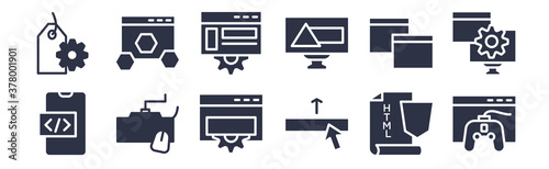 12 pack of black filled icons. glyph icons such as game development, hyperlink, keyboard and mouse, page, program error, program interface, programming language for web and mobile apps, logo