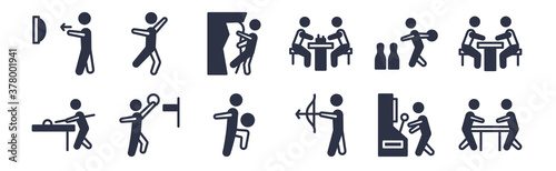 12 pack of black filled icons. glyph icons such as people playing air hockey, people playing archery, people playing basketball, bowling, chess, climbing, dancing for web and mobile apps, logo