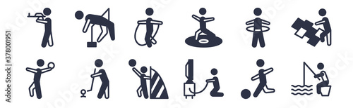 12 pack of black filled icons. glyph icons such as people fishing, people playing game, people playing golf, hula hop, jumping, playing jumping rope, limbo for web and mobile apps, logo
