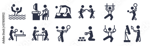 12 pack of black filled icons. glyph icons such as people playing painting, people playing rummy, people playing table football, trapeze, tug of war, twister, video game for web and mobile apps,