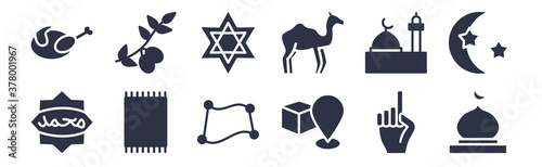 12 pack of black filled icons. glyph icons such as mosque domes, qibla, praying mat, medina, dromedary, star of david, olive branch for web and mobile apps, logo