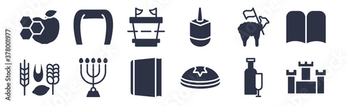 12 pack of black filled icons. glyph icons such as solomon temple in jerusalem, kippah, jewish candles, lamb of god, dreidel, ark of the convenant, tallit for web and mobile apps, logo