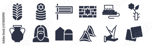 12 pack of black filled icons. glyph icons such as matzo, hamantaschen, moses, tefilin, kotel, gragger, jewish coins for web and mobile apps, logo