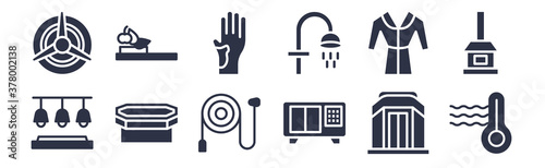 12 pack of black filled icons. glyph icons such as hyperthermia, irish steam bath, laconium, null, luxury shower, mottled skin, private spa for web and mobile apps, logo