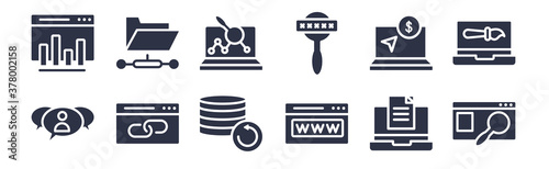 12 pack of black filled icons. glyph icons such as search engine, domain registration, link, pay per click, keywords, monitoring, sha folder for web and mobile apps, logo