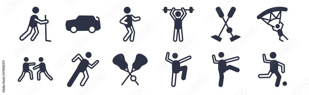 12 pack of black filled icons. glyph icons such as kickball, kung fu, marathon, polo sport, powerlifting, racewalking, rallycross for web and mobile apps, logo 12 pack of black filled icons. glyph icons such as kickball, kung fu, marathon, polo sport, powerlifting, racewalking, rallycross for web and mobile apps, logo