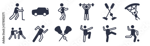 12 pack of black filled icons. glyph icons such as kickball, kung fu, marathon, polo sport, powerlifting, racewalking, rallycross for web and mobile apps, logo