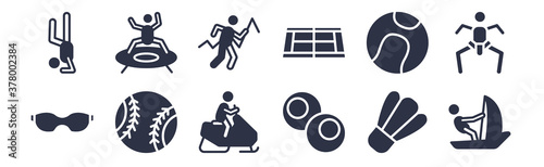 12 pack of black filled icons. glyph icons such as sailboat sport, snooker, softball, tennis ball, tennis court, trail running, trampolining for web and mobile apps, logo
