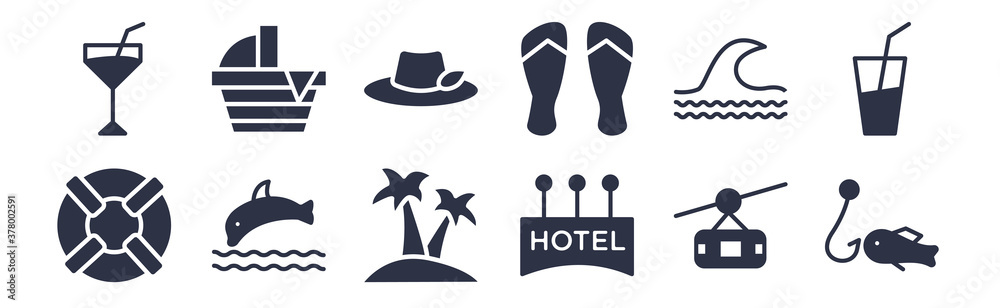 12 pack of black filled icons. glyph icons such as fish and hook, hotel hanging, jumping dolphin, ocean, pair of flip flops, pamela hat, pinic basket for web and mobile apps, logo 12 pack of black filled icons. glyph icons such as fish and hook, hotel hanging, jumping dolphin, ocean, pair of flip flops, pamela hat, pinic basket for web and mobile apps, logo