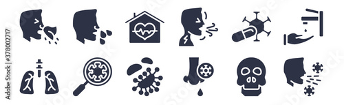 12 pack of black filled icons. glyph icons such as air transmission, rhinitis, virus search, medical, difficulty breathing, stay at home, flu for web and mobile apps, logo