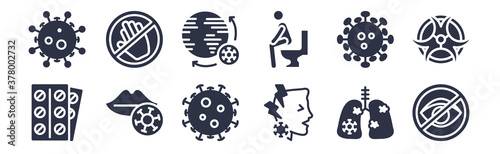 12 pack of black filled icons. glyph icons such as eyes, pain, lips, amoeba, diarrhea, epidemic, touch for web and mobile apps, logo