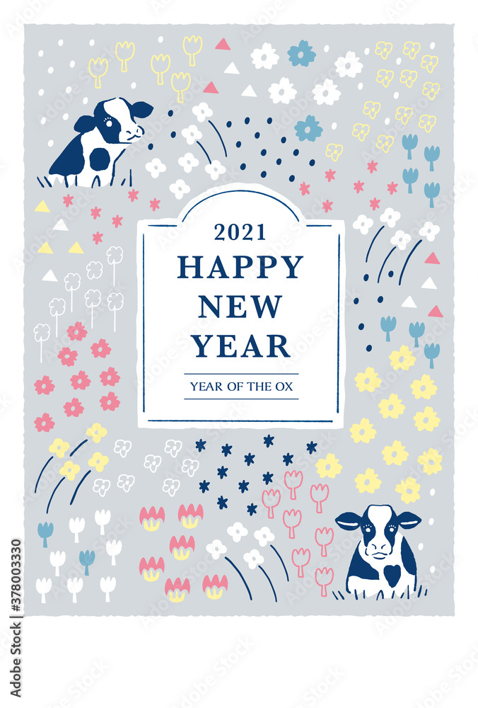 手描きイラスト素材 21年可愛いお花と牛の北欧柄年賀状 丑年 Stock Vector Adobe Stock