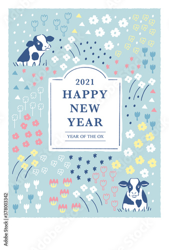 手描きイラスト素材：2021年可愛いお花と牛の北欧柄年賀状/丑年