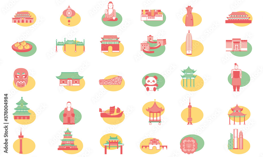 Isolated set of group objects asian typical culture places icon- Vector
