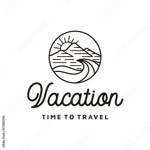 Mountain, Sea, Waves and Sun for Hipster Adventure Travel logo design