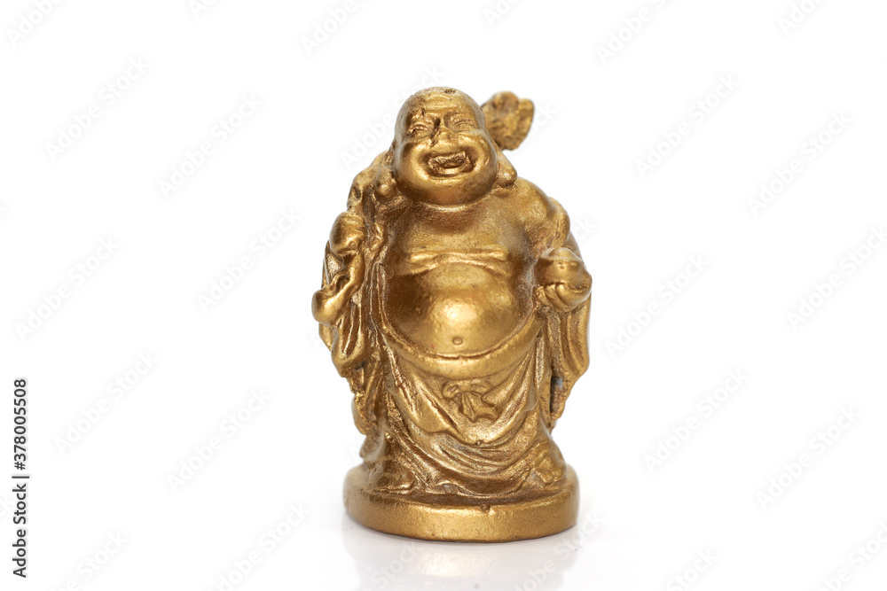 Golden statue of laughing Buddha on white background
