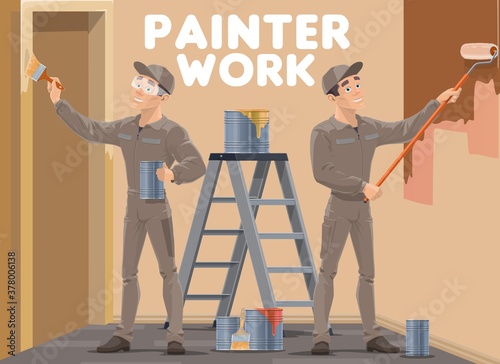 Room wall painting works. Painters, house renovation and repair service workers in uniform painting house or apartment room wall with hand and roller brush, stepladder and buckets with paints vector