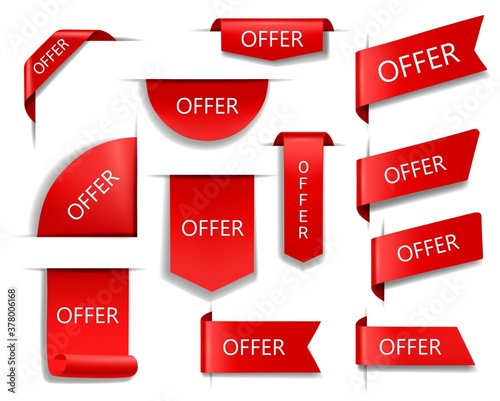 Offer red vector banners, ribbons and labels. Isolated internet business corners, realistic discount silk scarlet promotional sale event banners, shopping flags, tags, sale offer badges or 3d icon set