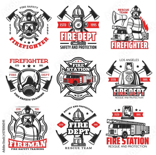 Canvas-taulu Fire and firefighter department icons, fireman helmet and axe vector badges