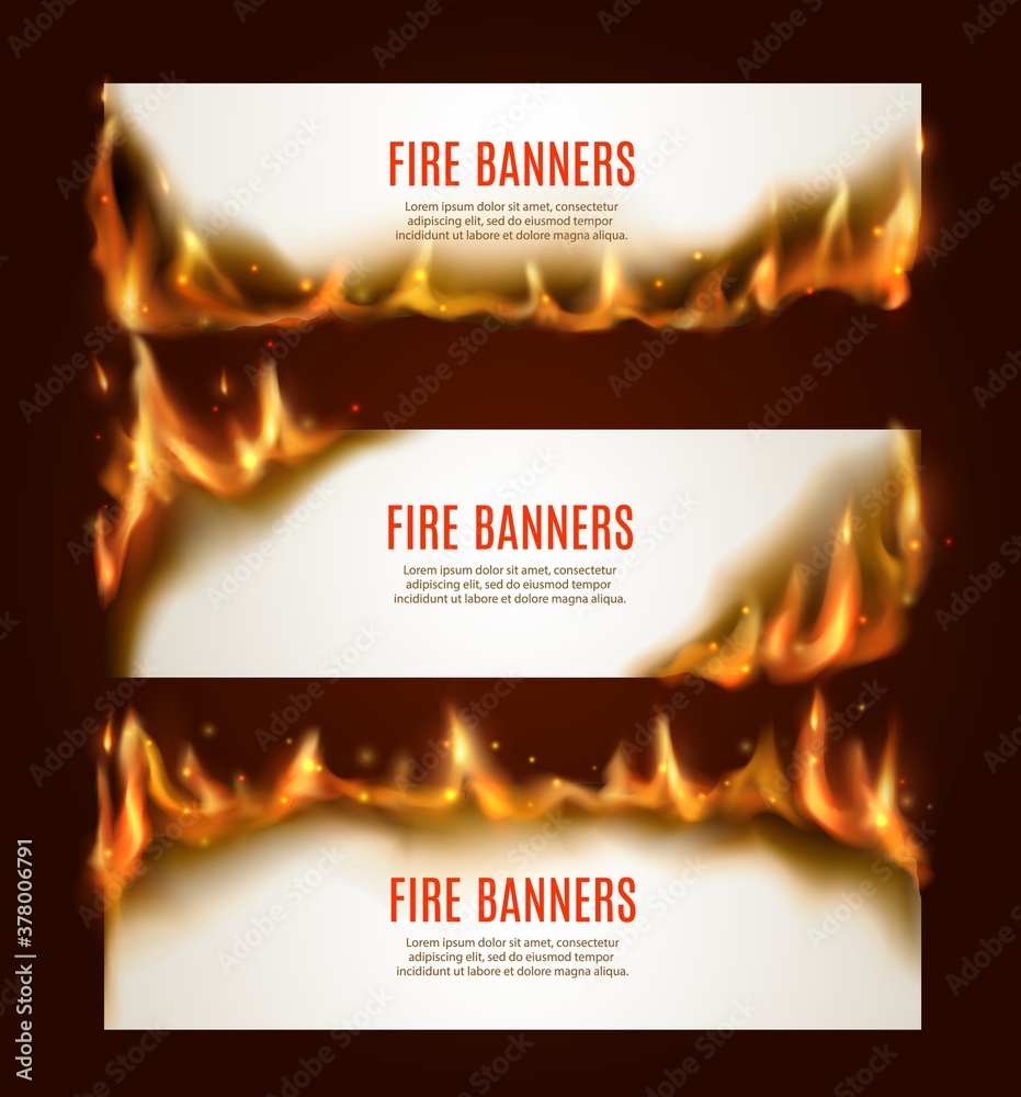 Burning paper horizontal banners, vector blank pages with fire and sparks. Isolated white conflagrant cards template for advertising, Realistic 3d flaming frames, burning smoldering paper sheets set - obrazy, fototapety, plakaty 