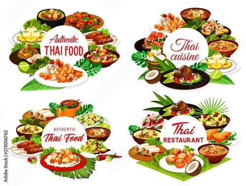 Thai food restaurant vector round banners. Thailand cuisine meals. Sweet rice with mango, curry, fish in coconut sauce, cashew chicken, pork satay and baked pepper, noodles, miso soup and shrimp broth