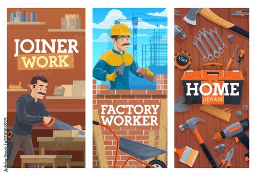 Working builder and joiner, construction and home repair tools banners. Bricklayer laying bricks with trowel, joiner or carpenter in workshop, cutting wooden board with saw, construction tools vector