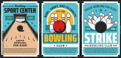 Fotografija Bowling club posters, ball and pin strike sport tournament game center, vector