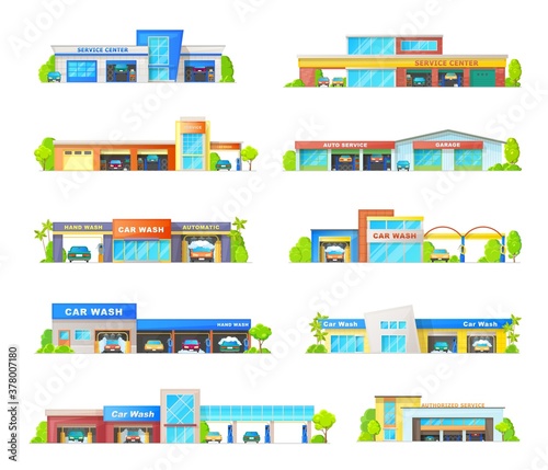 Car wash and garage station service buildings vector icons. Vehicle mechanic repair workshop station, automatic transportation carwash services buildungs and trees isolated cartoon exterior design set
