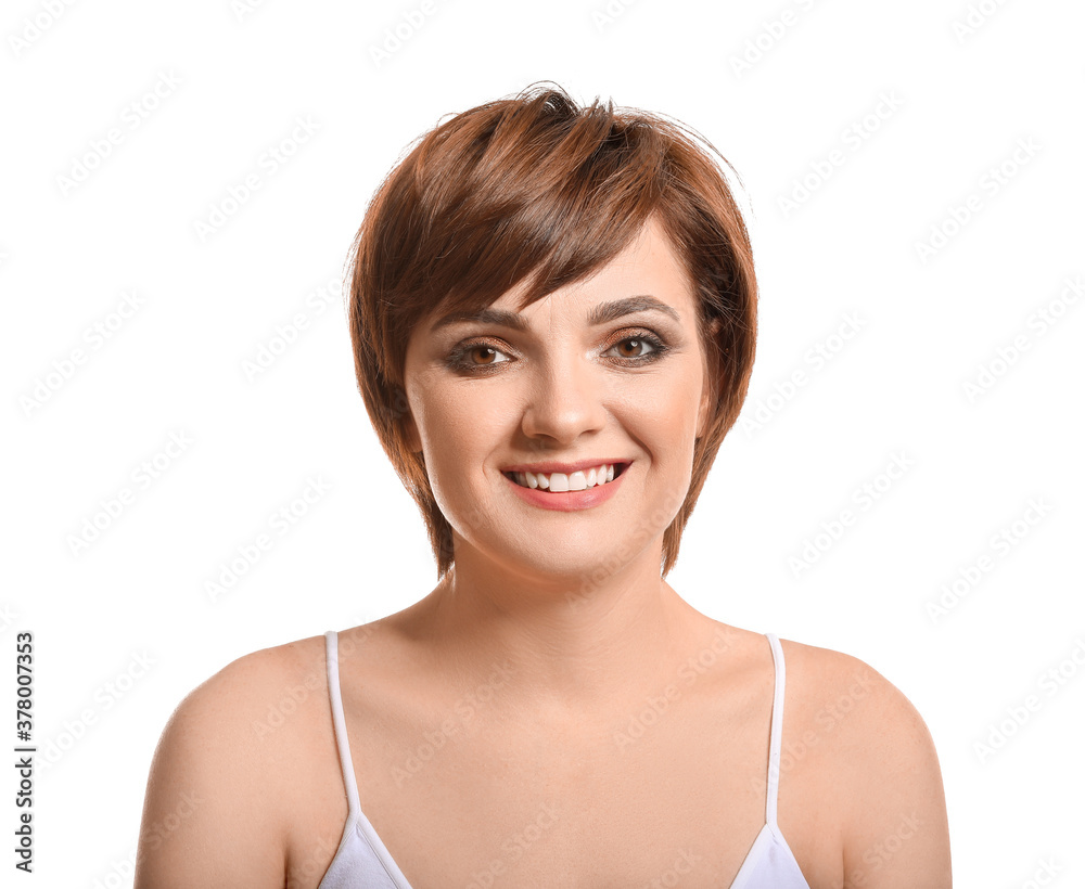 Young woman with beautiful short hair on white background Young woman with beautiful short hair on white background
