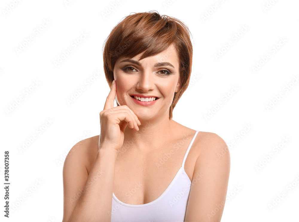 Young woman with beautiful short hair on white background Young woman with beautiful short hair on white background