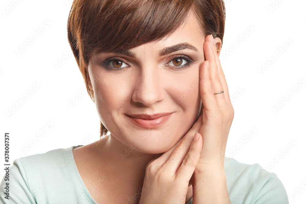 Young woman with beautiful short hair on white background Young woman with beautiful short hair on white background