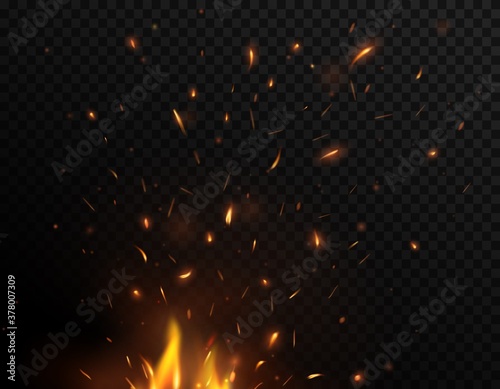 Fire sparks flying up, vector bonfire burning glowing yellow and orange particles. Firestorm, balefire realistic 3d flame of fire with sparks flying in air isolated on black and transparent background